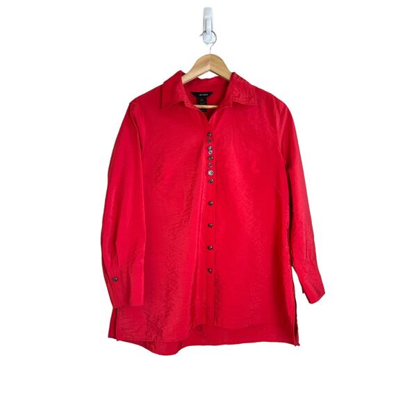 Ali Miles Women's Red Casual Crinkle 3/4 Sleeve Collared Button Front Blouse S - Picture 2 of 11